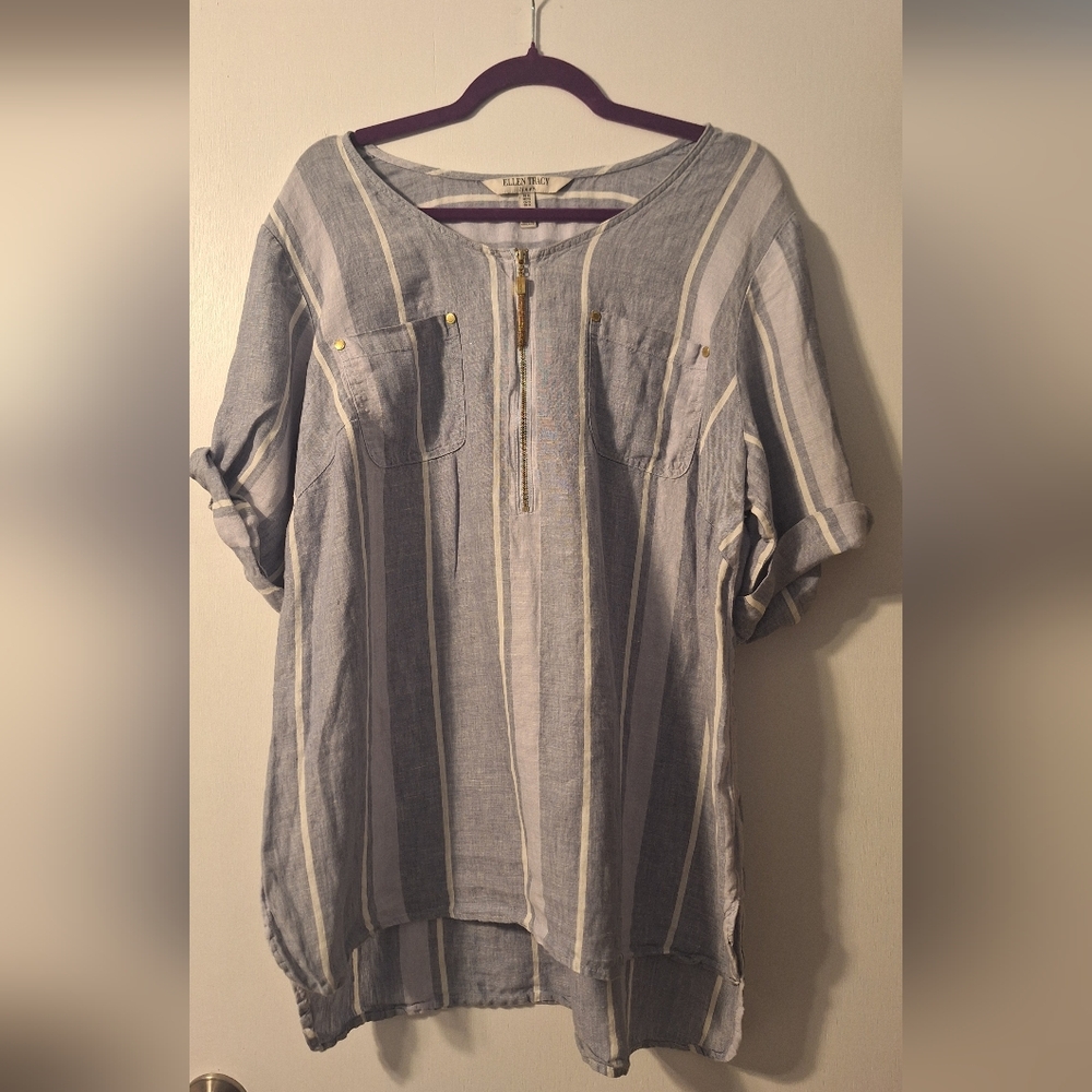 Ellen Tracy Blue and White Striped Linen Blouse